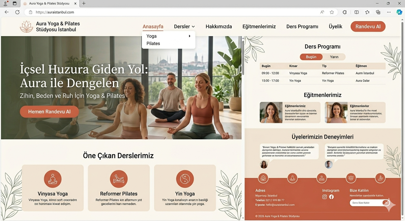 Yoga stüdyosu web sitesi ekran görüntüsü